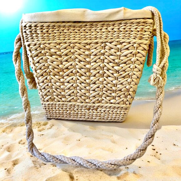 Vintage Hong Kong Straw Woven Shoulder Bag Rope Strap Drawstring Closure - Picture 10 of 14